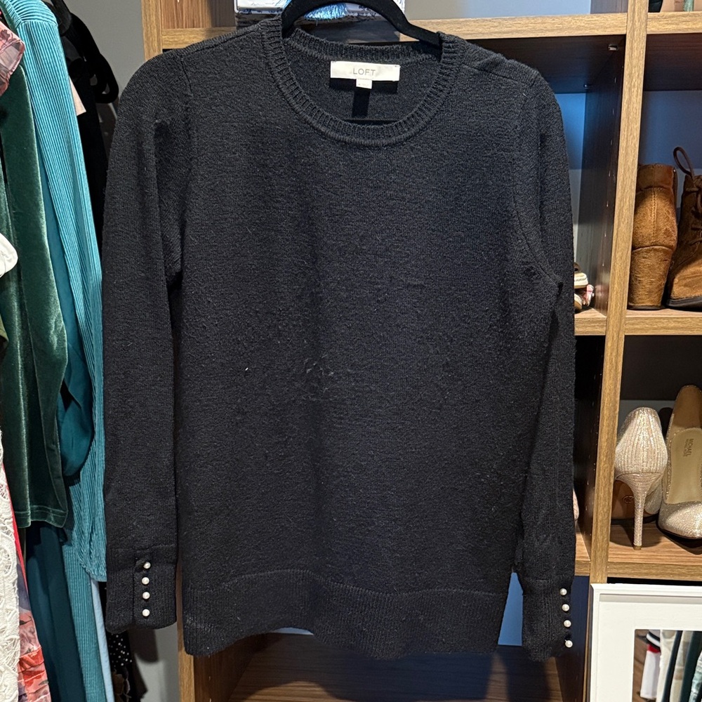 LOFT Black Sweater with Pearl Cuff Details